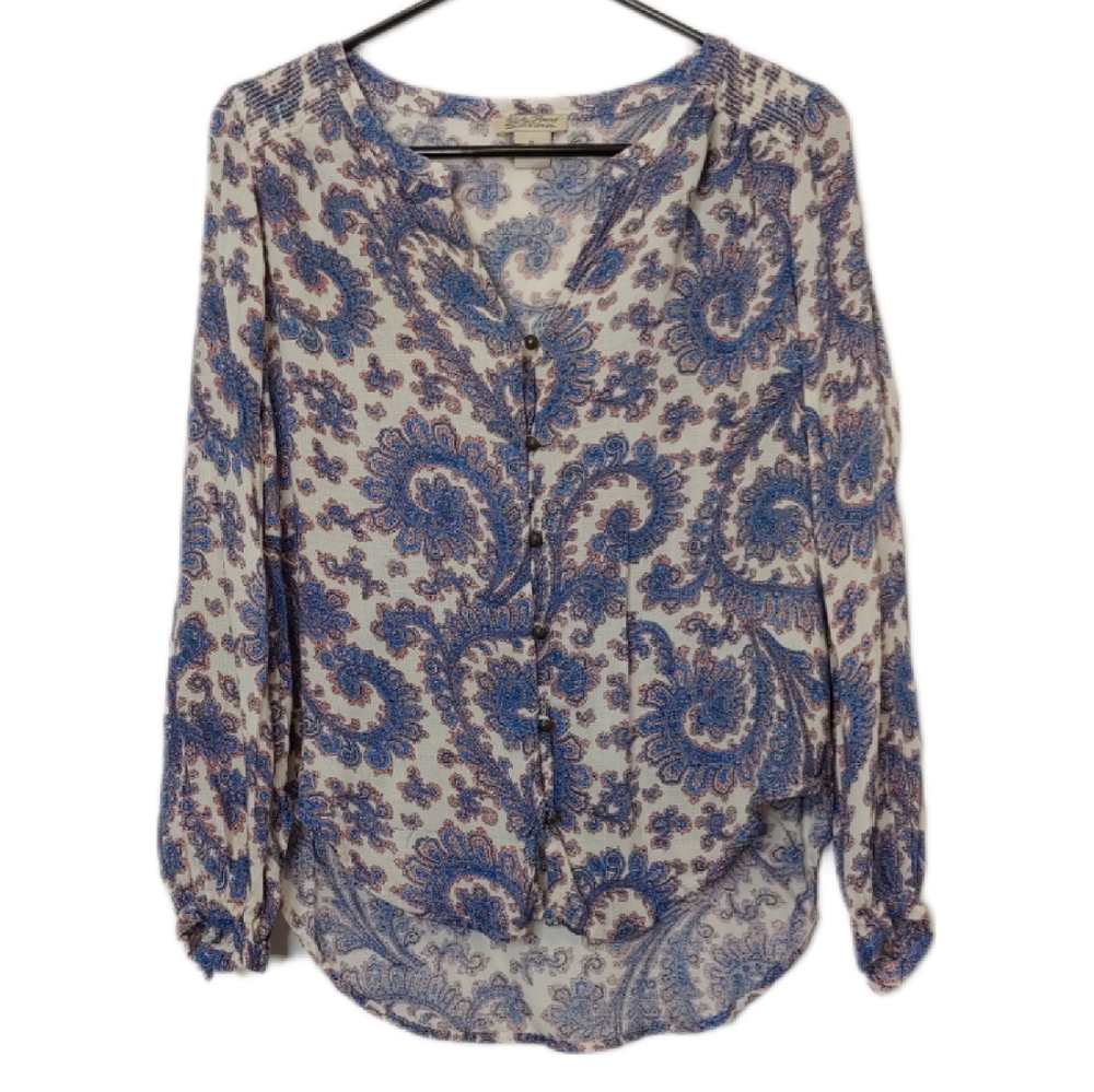 Lucky Brand Women's Paisley Boho Button Down V Neck High Low Blouse Size Small